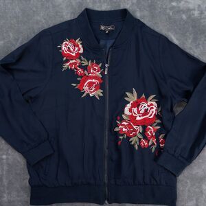 DG2 Diane Gilman Bomber Jacket Womens Size Medium Navy Floral Embroidered